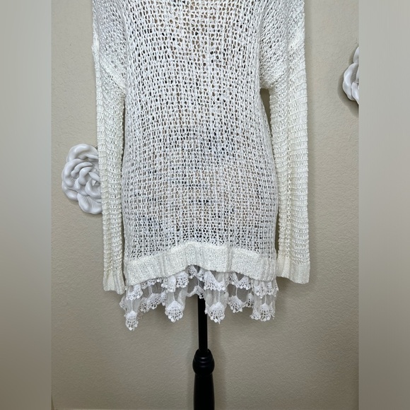 NTM: Entro Open Weave Knit Crochet Layered Lace Cream Tunic Sweater Sz M - Picture 4 of 16